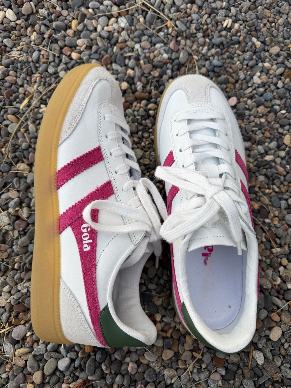 Gola Women's White Sneakers with Pink Stripes and Gum Sole